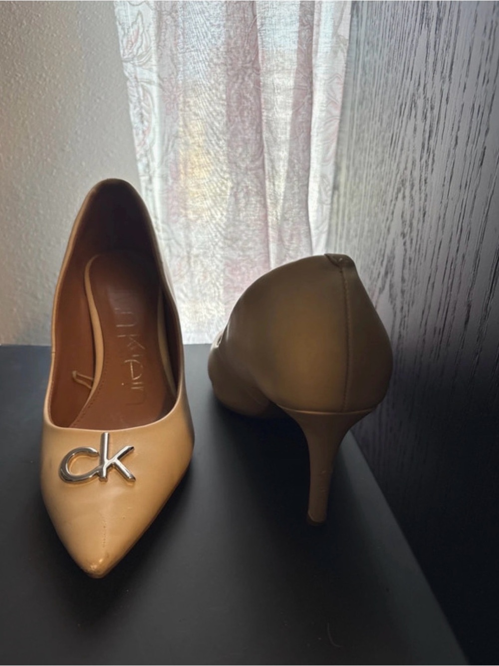 Calvin Klein Tan Pointed-Toe Pumps with CK Emblem